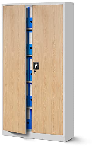 Jan Nowak Armadio da Ufficio C001 Archivio per Officina in Metallo Verniciato a polvere Chiudibile 185 cm x 90 cm x 40 cm (Bianco-Aspetto Legno)
