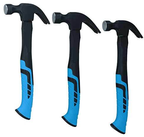 3pc Curved Claw Hammer Fibreglass Handle Nail Screw Remover 8oz 16oz 20oz