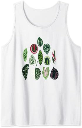 NEW Tropic Plant Leaves Calathea Varigatea Monstera White Tank Top