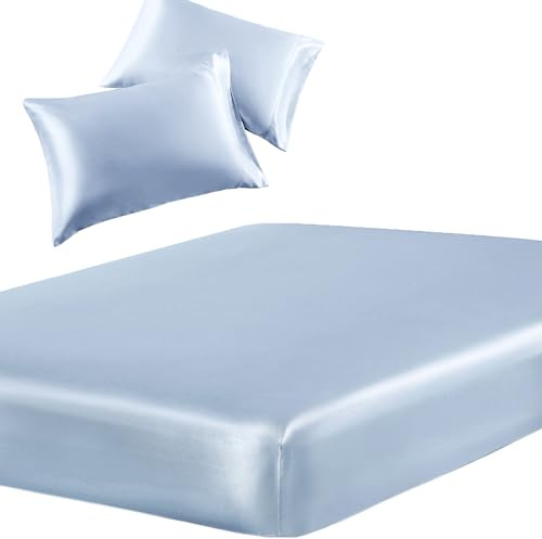 SiinvdaBZX 3-Piece Set Satin Twin Fitted Sheet & 2 Pillowcase, Baby Blue Silky Soft Fitted Bottom Sheet, Wrinkle Free, Fade Resistant, Deep Pocket Bed Sheet (Deep Up to 15)