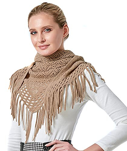 KOEMCY Foulard Donna Frange Triangolo Sciarpa Tinta Unita Scarf Maglia Sciarpa Finto Cashmere Sciarpa Foulard Lungo Scialle per Autunno Inverno (Khaki)