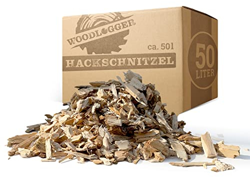 Woodlogger Hackschnitzel aus Kiefer 50 L | Holzhackschnitzel als Rindenmulch-Ersatz für den Garten | Verwendbar als Einstreu, Brennmaterial, Anzünder, Deko, Mulch & Fallschutz für den Spielplatz