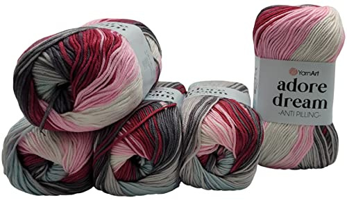 5 x 100 Gramm Ilkadim Export Adore dream antipilling Strickgarn, Wolle mehrfarbig, 500 Gramm Farbverlauf Strickwolle (bordeaux rosa grau weiß 1066)