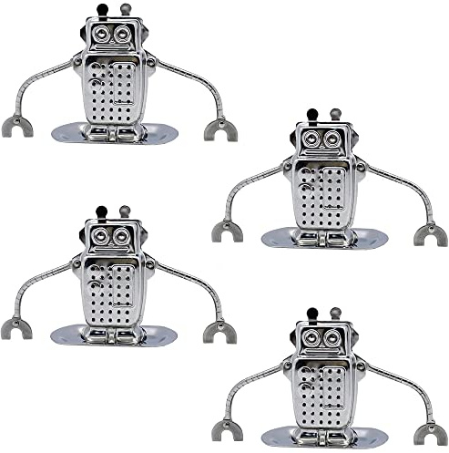 MIAO JIN Lot de 4 infuseurs à thé en acier inoxydable en forme de robot avec longue chaîne crochet passoire à thé, cuillère, tamis à farine, filtres à thé pour feuilles en vrac, épices