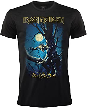 T-Shirt Iron Maiden Fear of The Dark. Maglietta Rock Ufficiale Nera. Band Heavy Metal. Cotone. Unisex. Adulto Ragazzo. (L)