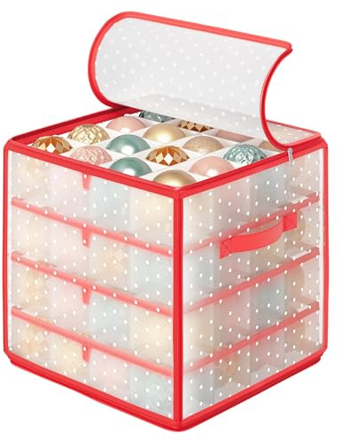SONGMICS Contenitore per Palline di Natale, Scatola per Decorazioni Natalizie, 64 Posti da 7,6 cm, Vassoi Rimovibili, 33,5 x 33,5 x 34 cm, Rosso Ciliegia RFB029T03