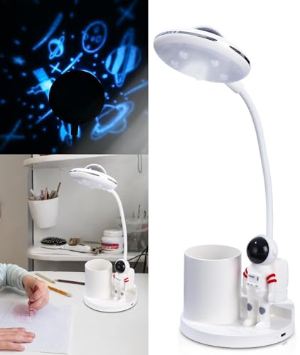 SOBEAU Lámpara Escritorio LED, Lampara de Mesa Regulable con Portabolígrafos y Proyección,Lámpara Escritorio Infantil USB 3 Niveles de Brillo,Lámpara de Mesa Regulable para Estudiar