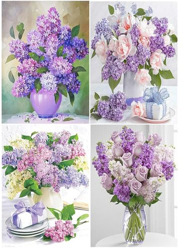 SHEGZHUC Diamond Painting Lila Blumen 4er Set 30x40cm Diamond Painting Blume Flieder Malen nach Zahlen Flieder Diamant Painting Bilder Erwachsene Rosen Blumenstrauß in Vase Stickerei