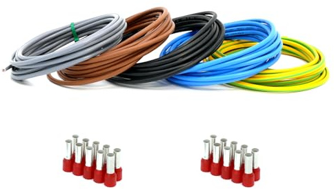 Event-Kabel&more-Set Verdrahtungssatz 5x 2m (schwarz, grau, braun, blau, grün/gelb) Aderleitung flexibel H07V-K 10 mm² inkl. Aderendhülsen 10mm2 für Zählerschrank Verteilung (Set 5x 2 Meter & 20 AEH)