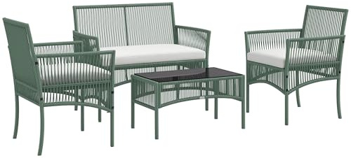 Outsunny Set da Giardino in Rattan 4 Pezzi, Set da Esterno con 2 Poltrone da Esterni, Divano da Giardino e Tavolino da Giardino, Verde e Nero