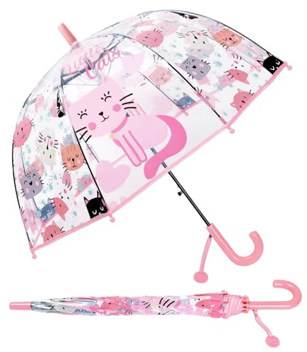 decalsweet Regenschirm Transparent, Windsicher Regenschirm Kinder Katze | Kinderschirm, Stockschirm, Kinderregenschirm Durchsichtig, Sturmfest, Robustheit, Kuppel-Blasenschirm, Junge Mädchen