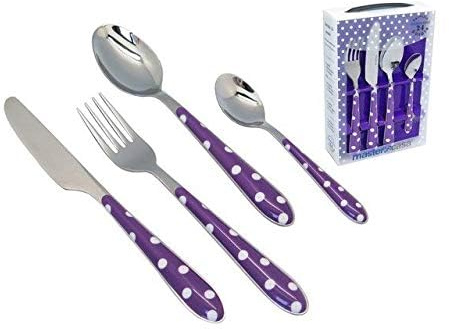 Eme Posaterie Set di 24 Posate LINEA BONITA, Acciaio inox, Con Manico a Linea, Elegante Set di Posate con Coltello, Forchetta, Cucchiaio per casa, ristorante lavabile in lavastovigli (A Pois Viola)