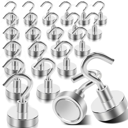 DGDUBRB 24 Stück Magnethaken, 18Kg+ starke magnete mit haken, Magnete Stark Haken für Grill, Neodym Magnete Extra Stark, für Zum Aufhängen Klassenzimmer, Kabinen, Garage, und Büro Magnethaken