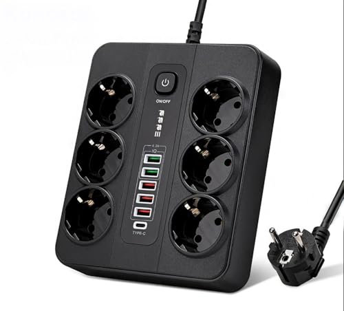 Schnellladegerät Steckdosenadapter, 10A,3000W 6 Wege Steckdosenleiste mit 5 USB(4.2A)+1 Type C,Anschlüsse mit Überlastschutz 3M Verlängerungskabel EU-Steckdose (Schwarz)