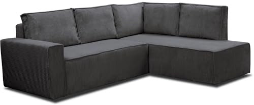 Beautysofa - Ecksofa mit Schlaffunktion - Sofa mit praktischer Aufbewahrungsbox - Sofa aus geripptem Veloursstoff POSO - Relaxsofa für das Wohnzimmer - Rechts - 238x195x90cm - Schwarz (Poso34)