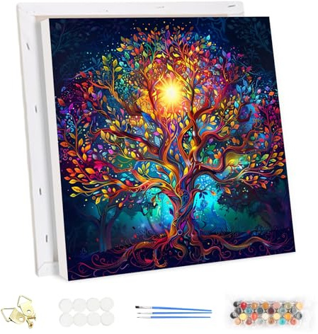 MEIYUDA Malen Nach Zahlen Erwachsene mit Rahmen Bunter Baum des Lebens, Paint by Numbers Malen Nach Zahlen, DIY Set mit Pinseln und Acrylfarben Handgemalt Ölgemälde Leinwand für Home Décor 30x30cm