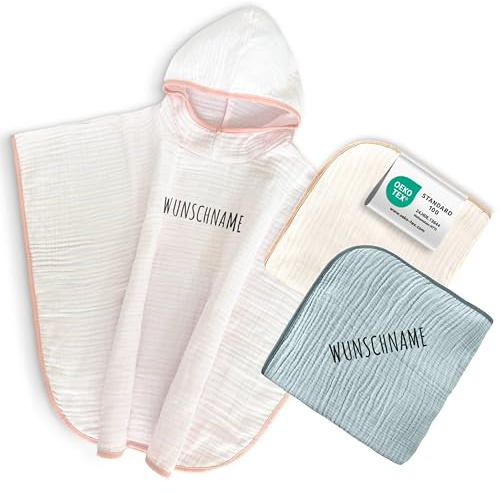my STITCHERY Badeponcho Kinder mit Namen Bestickt, Oeko-TEX® Standard 100 - Personalisiertes Kapuzenhandtuch aus weichem Musselin mit gesticktem Namen (Rosa)