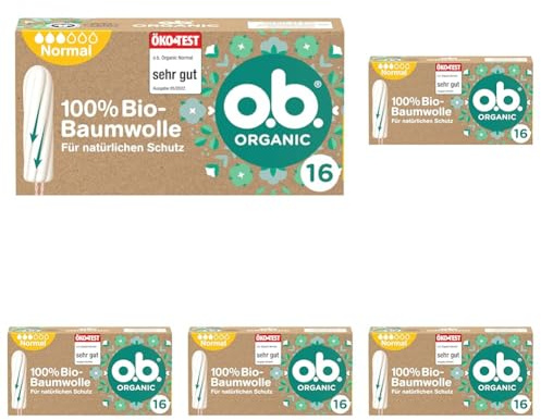 o.b. Organic Normal (16 Stück), Tampons aus 100% Bio Baumwolle mit geschwungenen Rillen für mittlere/stärkere Tage, für zuverlässigen und natürlichen Schutz während der Periode (Packung mit 5)