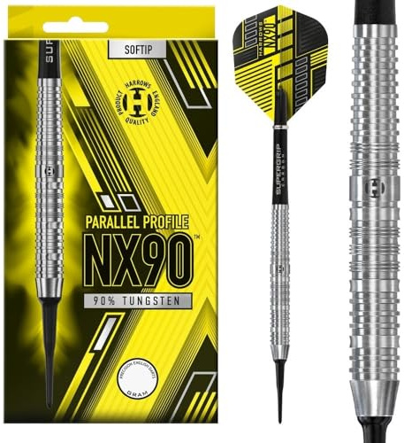 Harrows NX90 - Juego de dardos paralelos profesionales de 90% tungsteno, punta suave, 18 g y 20 g, juego de 10 piezas con ejes negros Supergrip Midi y plumas NX90 (forma paralela, 20 g)