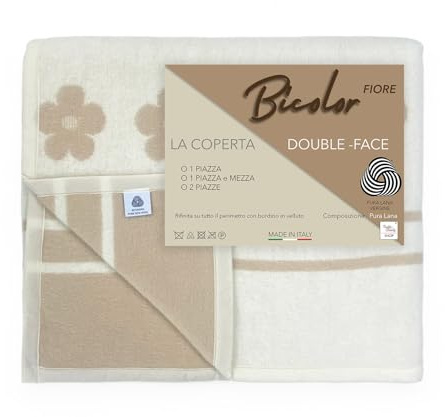 Tex family Manta de lana – Bicolor flor – pura lana virgen – Doble cara – Avellana claro/oscuro – Matrimonial 2 plazas – 210 x 250 cm