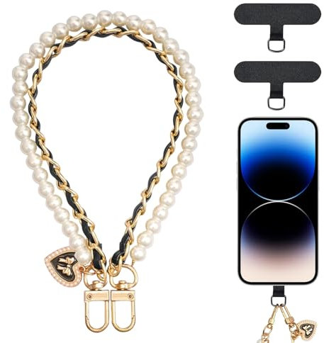 Mrltau Cadena de perlas para teléfono móvil con 2 parches para teléfono móvil, cadena corta para teléfono móvil, cadena para teléfono móvil, universal, funda para teléfono móvil para colgar mujer,