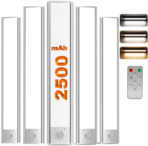 Luz LED para Armario con Control Remoto, 20cm con Sensor de Movimiento, 3000K a 6000K LED Cocina Bajo Mueble, Brillo Regulable y Recargable - Ideal para Armarios, Escaleras, Vestidores(Pack de 5)