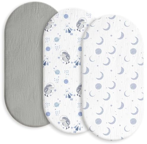 3er Pack Spannbettlaken Kinderwagen 83x43 aus 100% Musselin Baumwolle | Weicher Matratzenbezug für Beistellbett & Moseskorb, Jungen & Mädchen(Erforschung des Weltraums)