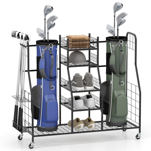 LIFEZEAL Organizer für Golfschläger, Aufbewahrungsständer mit Halterung & Rollen, Golf Storage Rack für Sportausrüstung, Golftaschenregal für 2 Golftaschen und Zubehör
