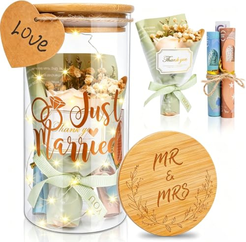 Hochzeitsgeschenke für Brautpaar,LED Flaschenlicht Hochzeit Geldgeschenk mit Trockenblumen,Anhänger und LED-Leuchten,Just Married Spardose,Hochzeitsgeschenk Geld (Hochzeit)