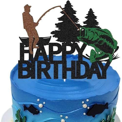 Fiskmotiv, tårtdekoration Happy Birthday – svart tårttopp för sportfiskare, naturälskare och födelsedagsfiranden med fiskefestdekoration, återanvändbar och miljövänlig