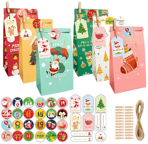 OIXYEY Calendario dell'Avvento 2025 Fai da Te con 24 Sacchetti di Carta, Kit Completo per Creare un Calendario di Natale Personalizzato per Bambini e Adulti, Ideale Regalo Famiglia con Corde e Adesivi
