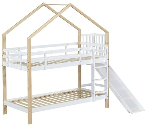 OOIILLEE Lit Superposé Enfant en Bois Massif avec Toboggan et Échelle à 3 Marches, Lit Maison avec Barrières de Sécurité Anti-Chute, Cadre de Lit 90x200 cm, Blanc et Naturel