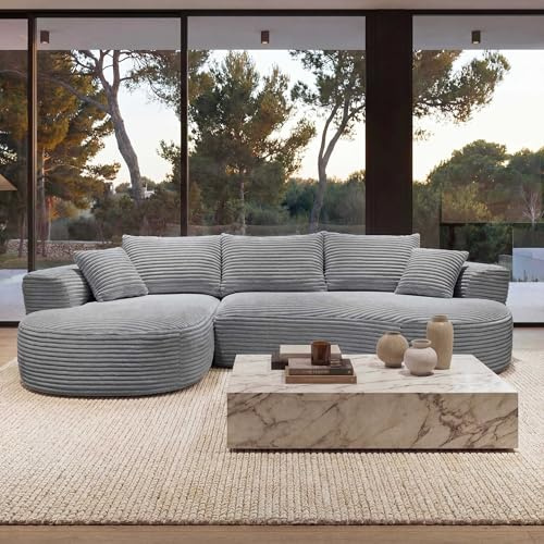 Mendler Sofa-Garnitur HWC-P19, 3-Sitzer Couch Loungesofa, Stoff/Textil Cord (370 g/m²) Liegefläche Links - hellgrau