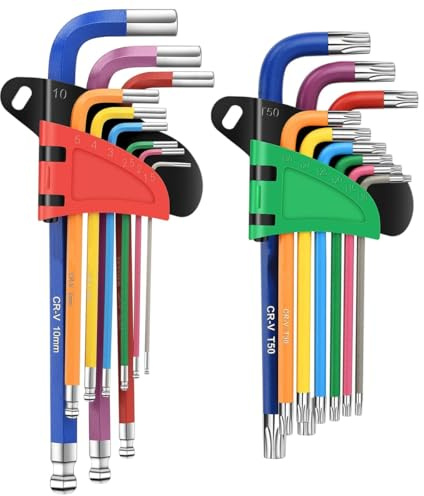 Gutol Juego de 18 llaves Allen, llaves Allen métricas de bola y estrella con código de color, tamaños de 1,5 mm a 10 mm, T10 a T50 para montaje de muebles, bicicletas y motocicletas.