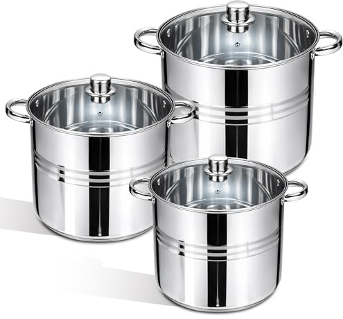 HOMSMYTH Stainless Steel Stockpot with Glass Lid – Heavy Duty Induction Cooking Pot 26cm / 28cm / 30cm | Large Soup, Stew & Pasta Pot | Durable Cookware Pot for Home Kitchen & Catering (Set of 3)