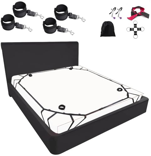 Ninonly Kit Bondage BDSM Restricción de Cama para Parejas | Correas Ajustables, Incluye Antifaz, Incluye Esposas, Incluye Tobilleras, Incluye Hebilla Cruzada