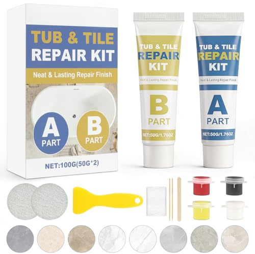 AOOWU Kit Riparazione Piastrelle, Kit di Riparazione Vasca da Bagno, Stucco per Piastrelle e Strumenti per Scheggiature Buchi Difetti Crepe, Giunti, Lavabo in Porcellana, Vasca