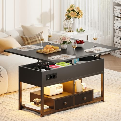 IRONCK Couchtisch Höhenverstellbar, LED Wohnzimmertisch mit Steckdosen, 2AC+USB+USB‑C, Kaffeetisch Holz, 2 Schubladen, Umwandelbar Esstisch 100×80cm (Schwarz)