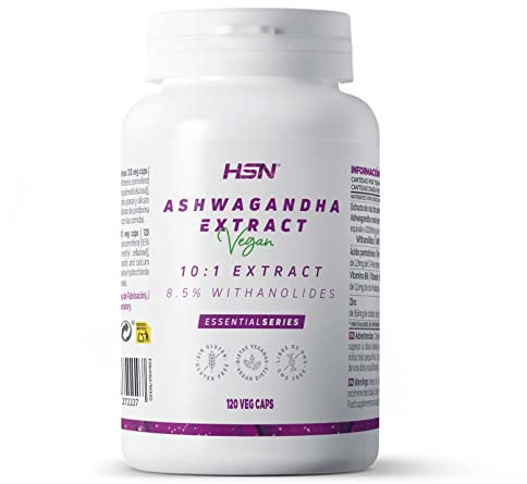 HSN Extracto de Ashwagandha 1200mg (8,5% Withanólidos) | 120 Cápsulas Vegetales | 12000mg Raíz de Withania somnifera por Dosis Diaria | No-GMO, Vegano, Sin Gluten