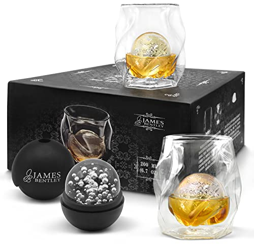 Double Wall Whiskey Glasses set+FREE Sphere Ice Ball Mold x2 for whisky glasses set , Set of 2, Unique Tumblers for Drinking Scotch, Bourbon, Brandy, Liquor, Luxury Thanksgiving Gift Chrismas gift