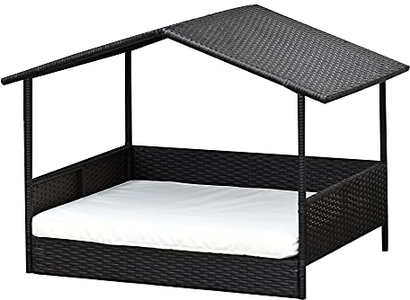PawHut Rattan Hundeliege Outdoor mit Dach, Erhöhtes Hundebett für kleine und mittelgroße Hunde, Kühlendes Haustierliege mit Metallrahmen, Kissen für Draußen, 69 x 98 x 70 cm, Kaffee-Braun