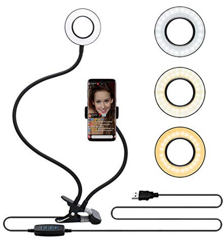 Anello Luminoso a LED con Cavo USB per telefono cellulare, Mini Ringlight per fotocamera con supporto da tavolo a braccio lungo 360 ° con 3 colori per streaming live e trucco[Scelta Multipla],Nero