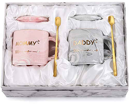 WUWEOT 350ml Kaffeetassen Set Keramik Mommy und Daddy Paar Tassen mit Marmorierung Mustern Kaffeebecher Becherset Geschenkset mit Deckel Löffel Geschenkbox Perfekt für KaffeeTee und Wasser