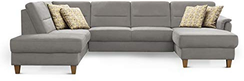 CAVADORE U-Form-Sofa Palera / Wohnlandschaft mit Schlaffunktion, Stauraum und Federkern / 314 x 89 x 212 / Mikrofaser, Hellgrau