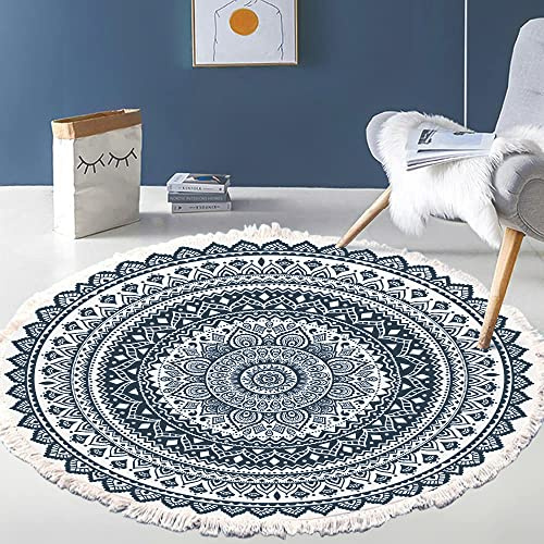 Tapis rond en coton tissé à la main - Motif mandala - Style bohème vintage - Avec pompons - Lavable en machine - Pour chambre à coucher, couloir, salon, table basse - 60 cm - Fleurs #16