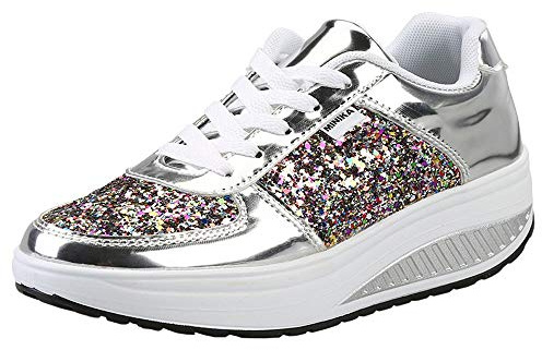 Dam kilklackade mode sneaker fuskläder plattformsskor gungsula promenadskor snörning fitnessskor, Silvergglitter, 36.5 EU