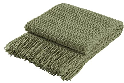 Coastline - Manta de punto súper suave y decorativa para sofá, silla, cama, ligera para viajes y siestas, suave como el cachemir y acogedora, delicado patrón tejido con borlas, verde oliva, 127x152cm