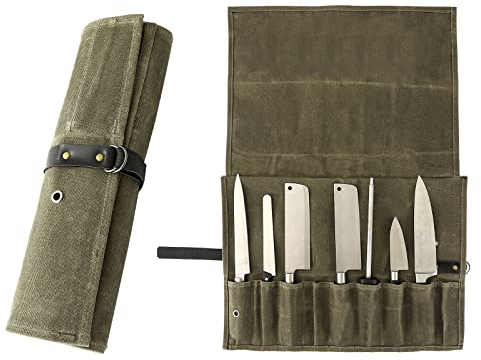 Chef Knife Roll Bag, 9 Pockets Canvas Knife Case, Knife Bag, Knife Wrap Wallet, Cutlery Knife Pouch Holders Protectors for Chef Knives Kitchen Utensils, Tool Roll (Army Green)