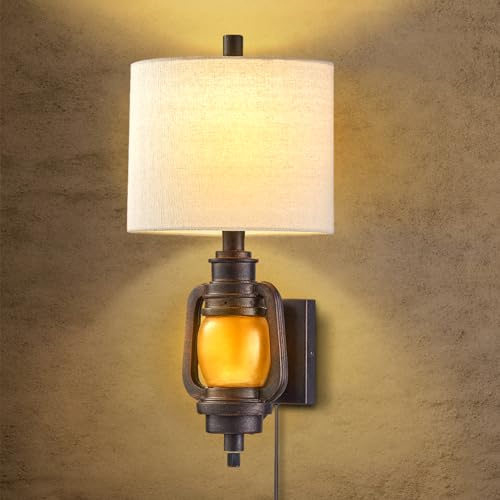 Wall Mount Lamp, Vintage Wall Lights with Plug in Cord - Dark Bronze Finish, Wall Sconce with Linen Fabric Shade and LED Nightlight for Living Room, Bedroom, Hallway and Home Office (Bulb Included)