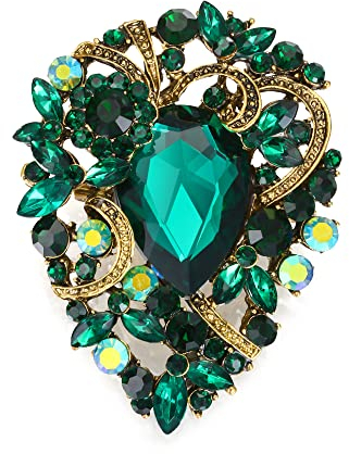 EVER FAITH Damen Brosche Tropfen Strass Kristall Clip, Vintage Stil Blume Cluster Pin für Konzert Grün Antik Gold-Tone